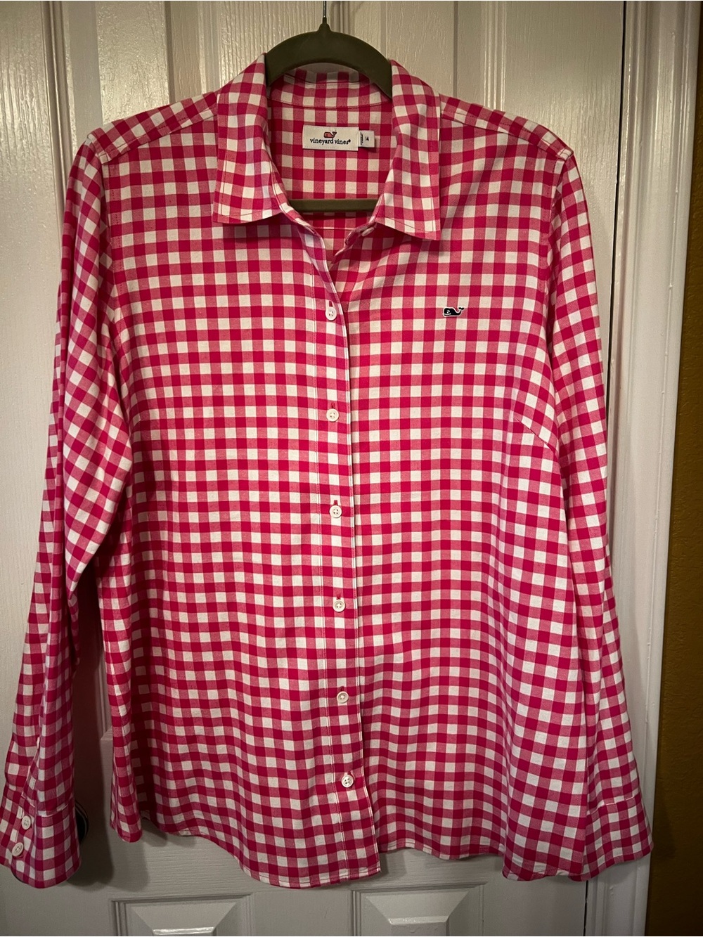 Vineyard Vines Pink Gingham Check Button Down Shirt Whale Logo Size 14